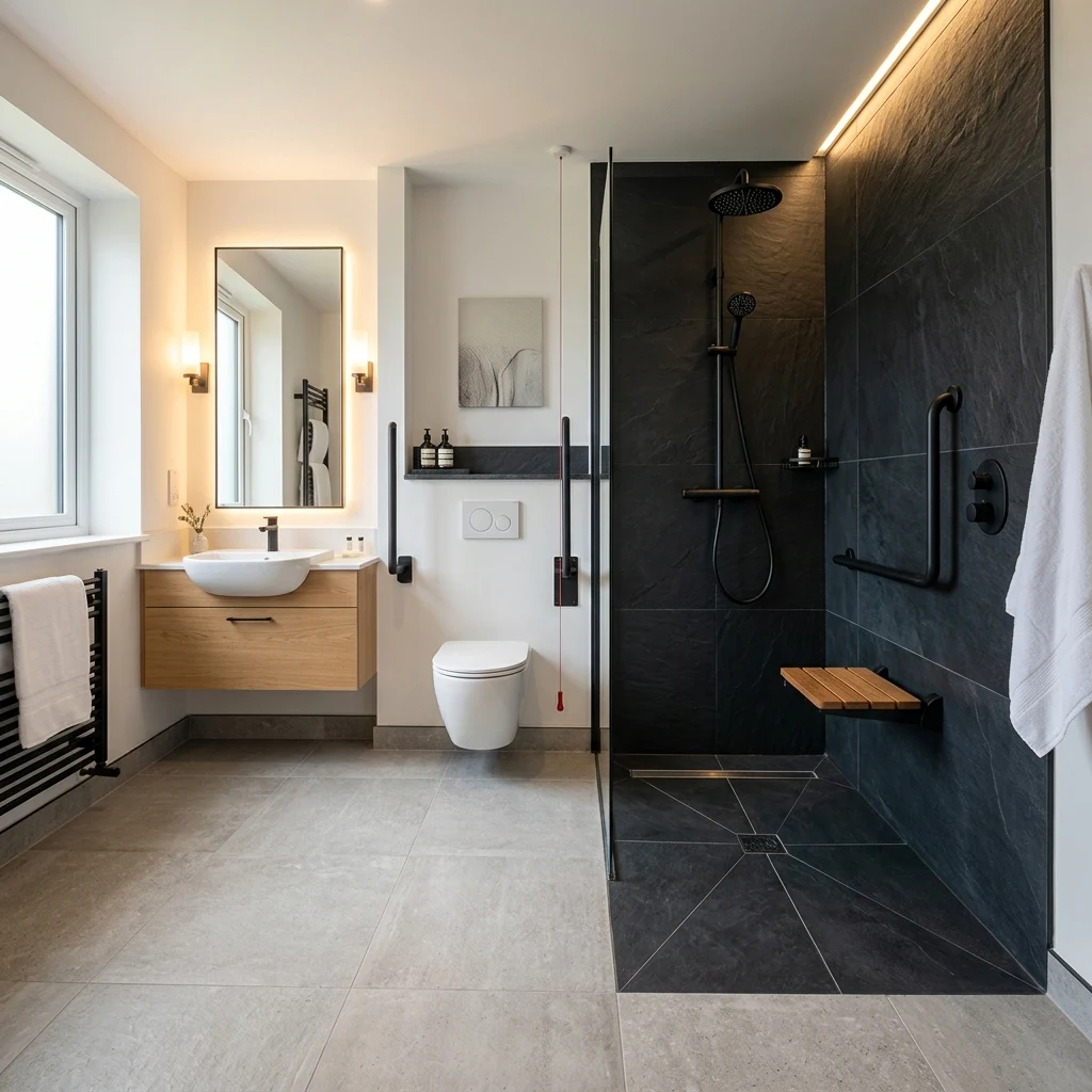 Diseño de baño moderno con revestimientos continuos en Pamplona