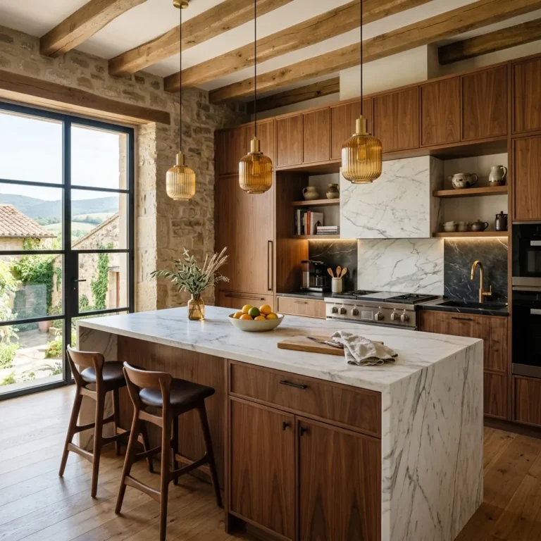 Cocina con Isla Central: Mármol y Madera Noble en Armonía