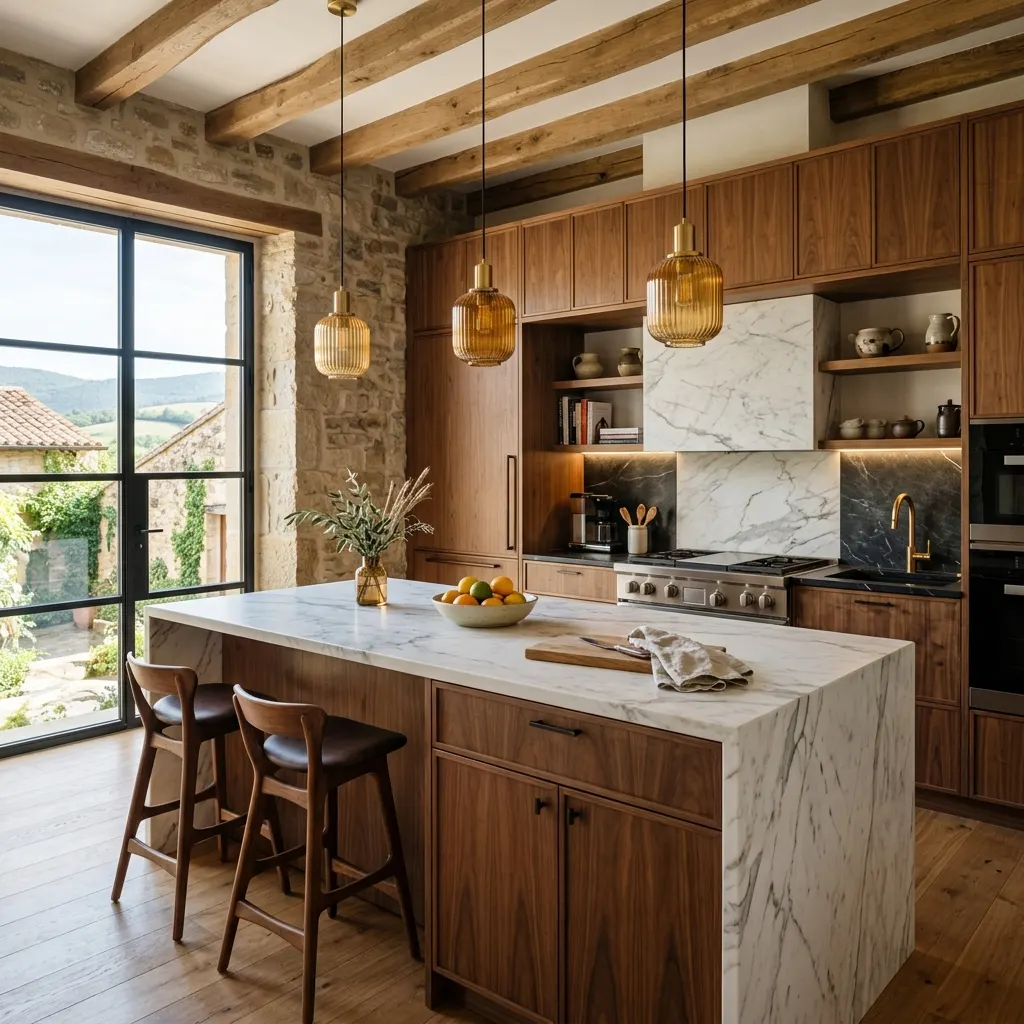 Cocina de diseño con isla central de mármol blanco y madera noble en unifamiliar de Navarra