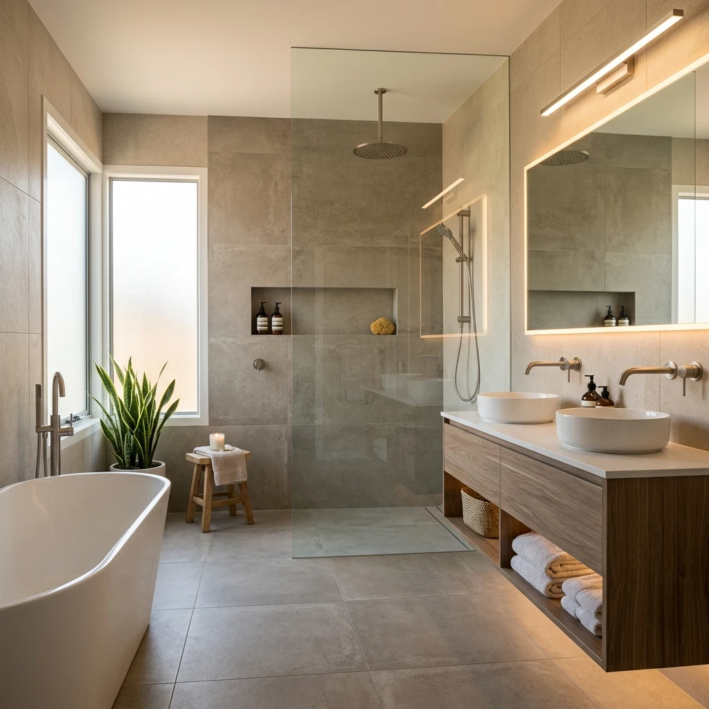 Reforma de baño completo tipo spa con ducha de lluvia en Navarra