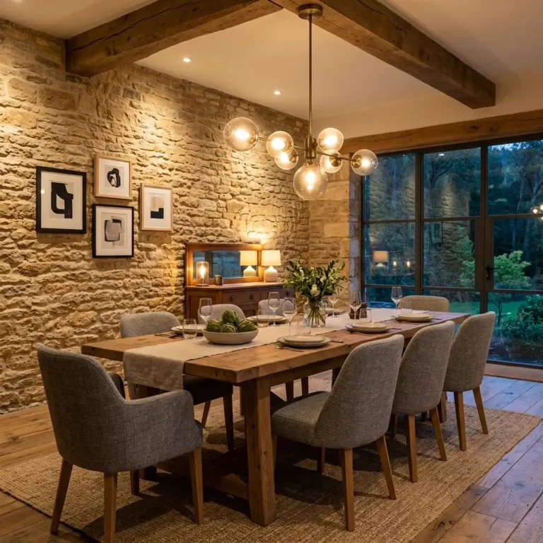 Comedor Rústico Contemporáneo: Piedra Vista y Mesa de Madera Recuperada