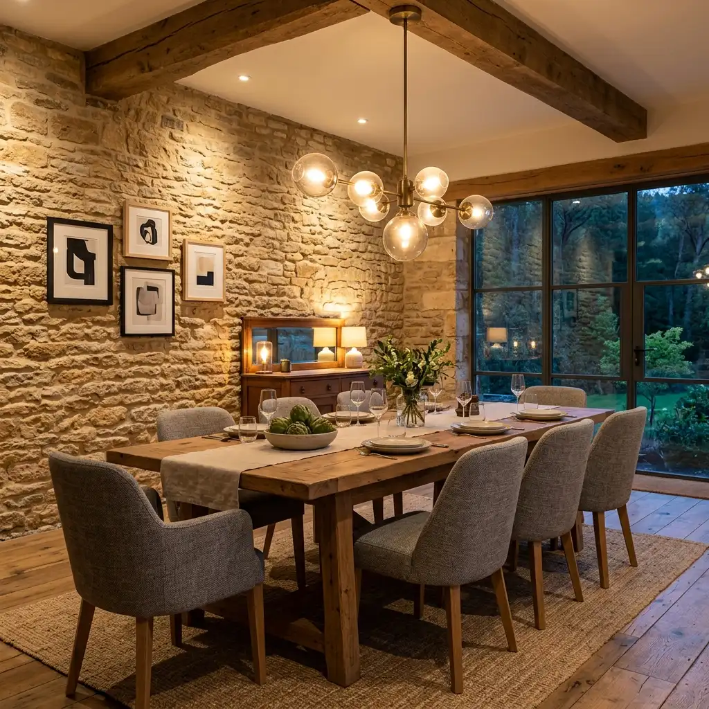 Diseño de comedor rústico contemporáneo con piedra vista y madera maciza en Navarra