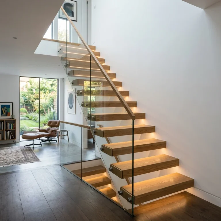 Escalera de Diseño: Peldaños Flotantes de Roble y Barandilla de Cristal