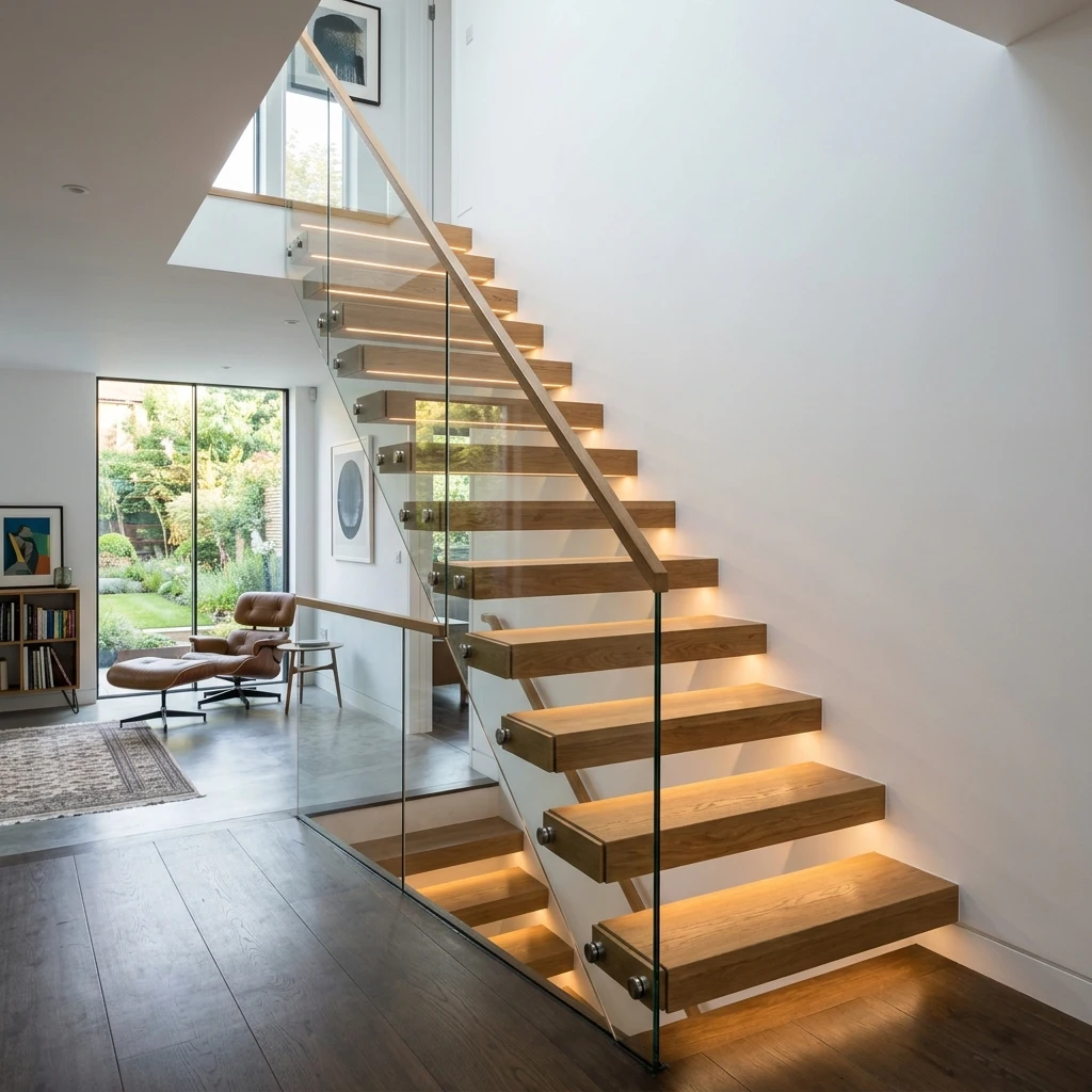 Escalera de Diseño: Peldaños Flotantes de Roble y Barandilla de Cristal - Reforma por Pascual Muebles en Navarra